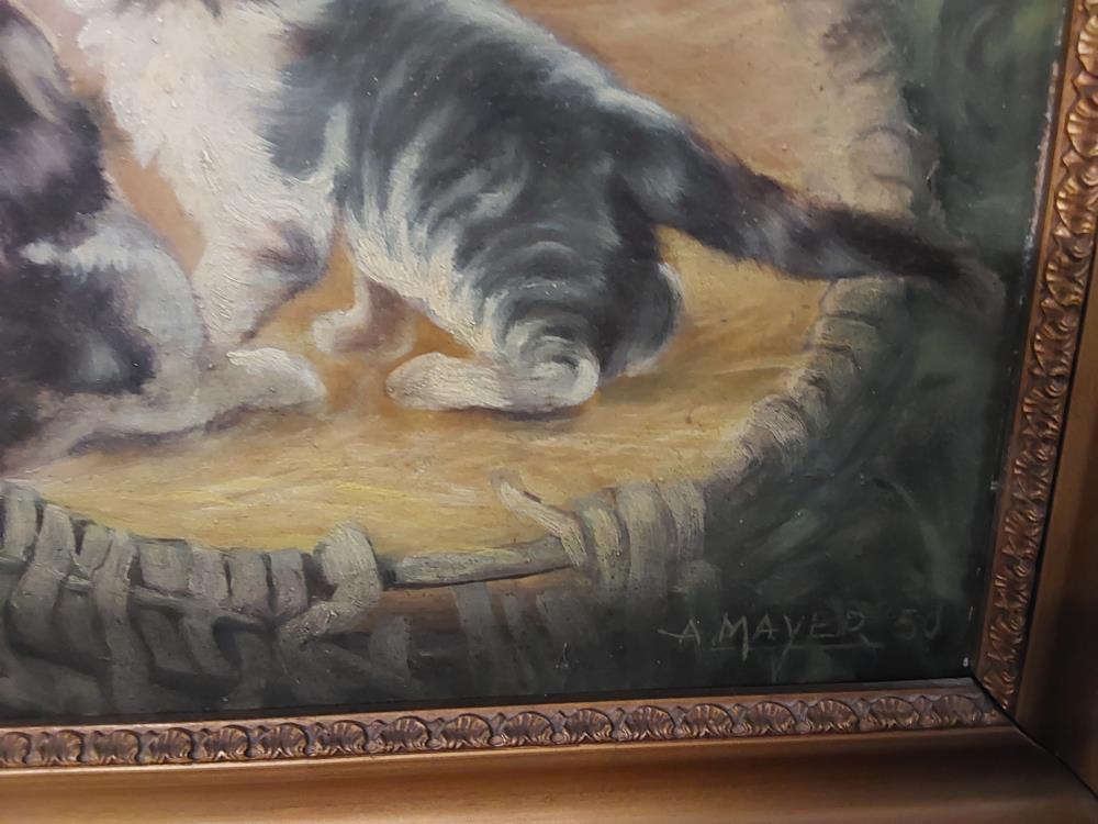 TABLEAU SUR BOIS CADRE DORE SIGNE MOTIF FAMILLE DE CHATS