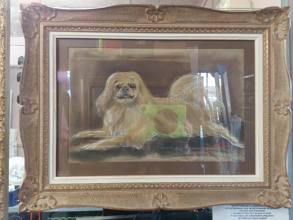 TABLEAU SIGNE DESSIN SOUS VERRE MOTIF CHIEN