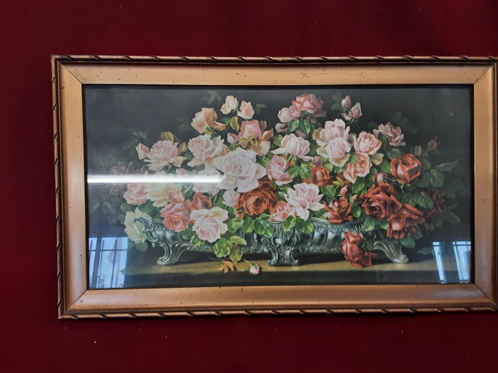 TABLEAU REPRO JARDINIÈRE DE ROSES CADRE DORE
