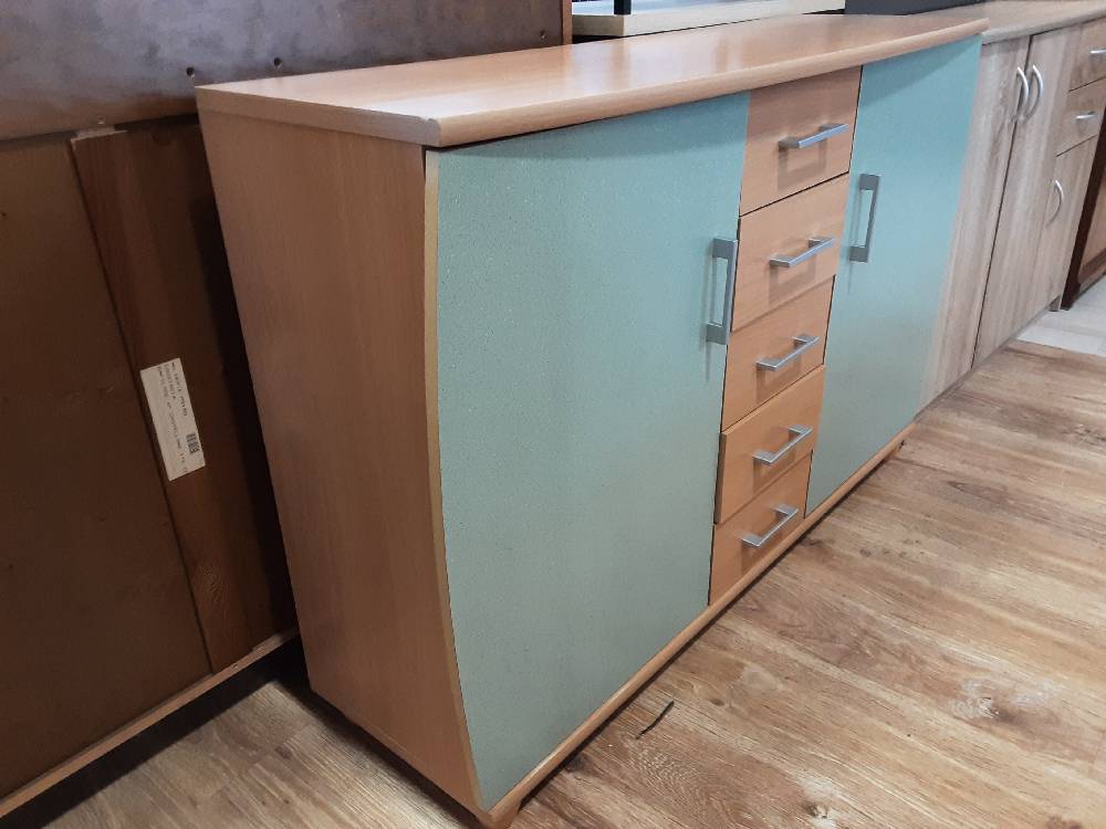 BAHUT BAS 2 PORTES 5 TIROIRS COLORIS VERT ET BRUN