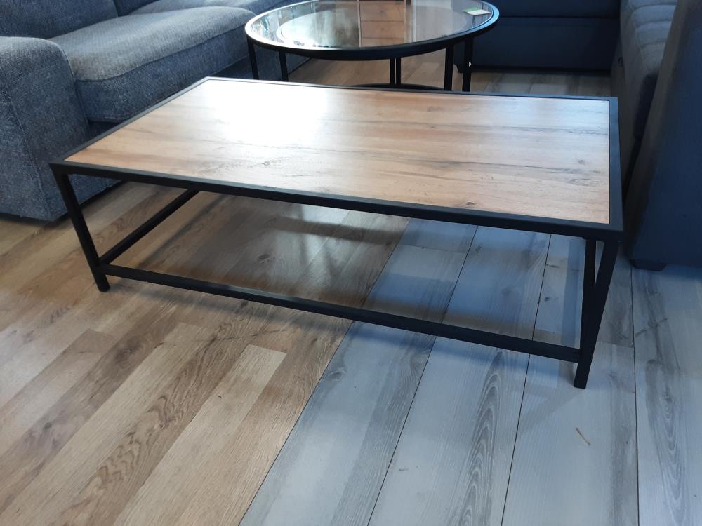 TABLE BASSE PLATEAU IMITATION BOIS PIED METAL NOIR