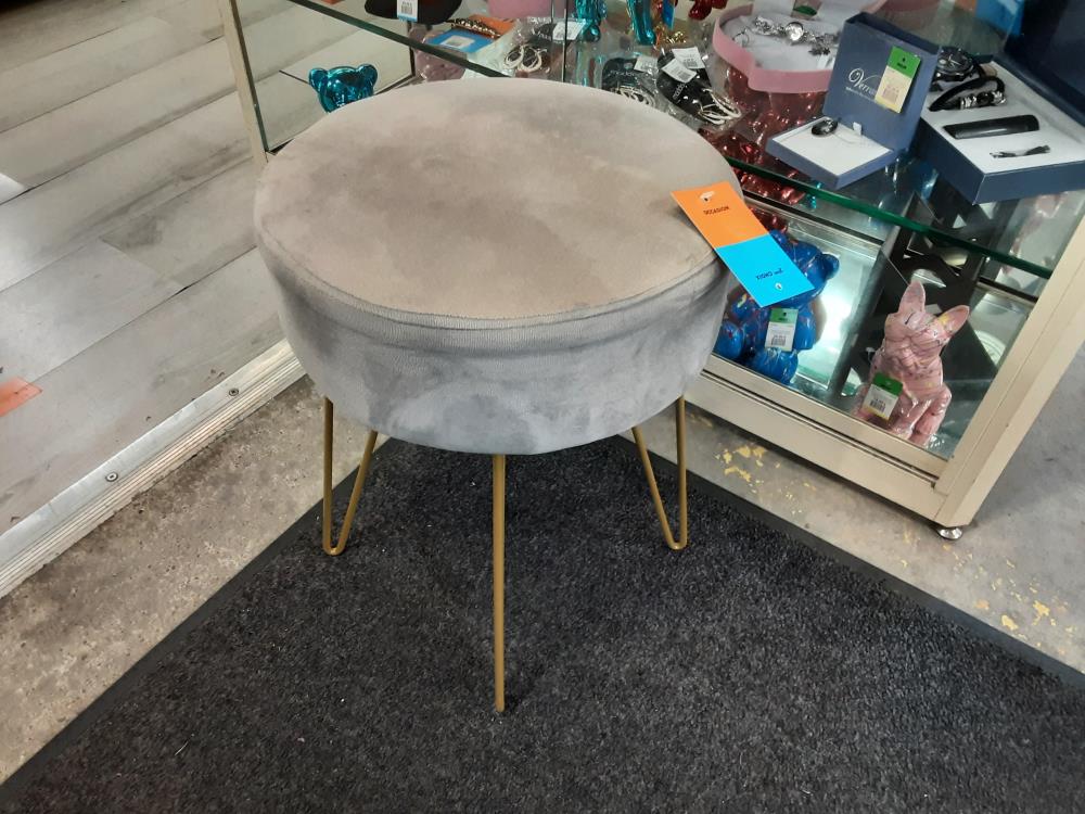 POUF ROND VELOURS  GRIS PIED METAL