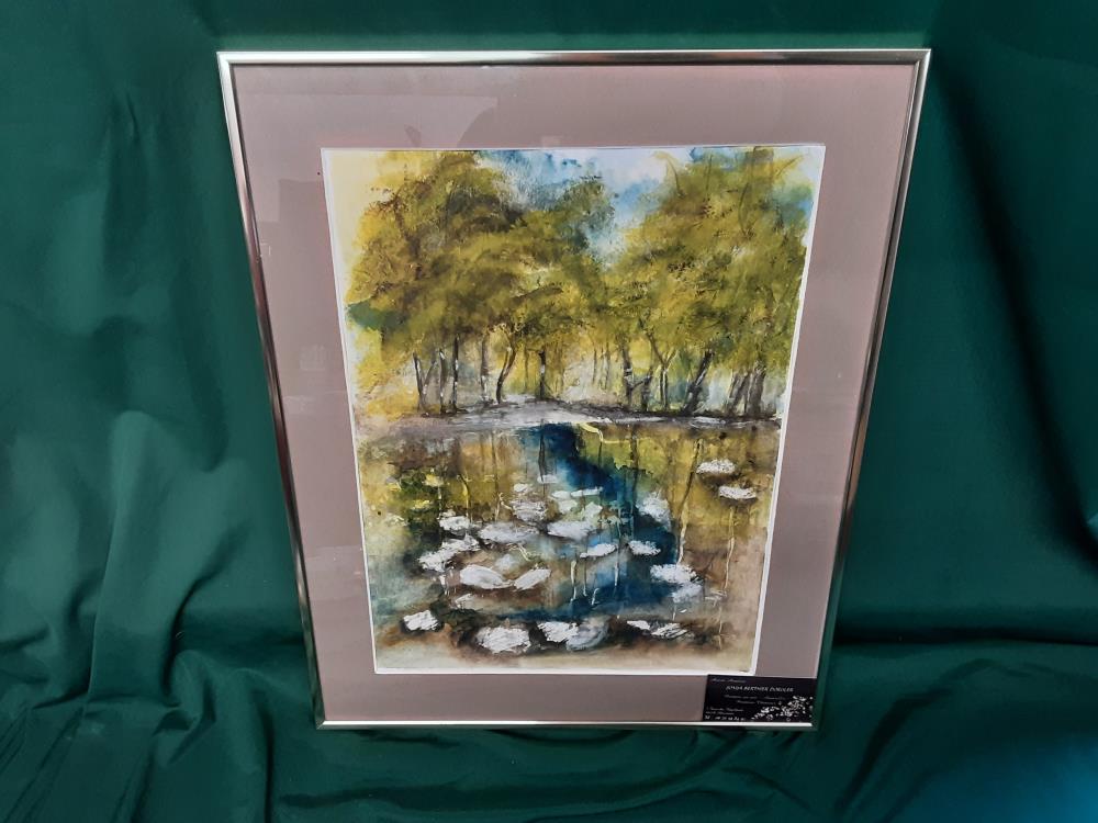 TABLEAU AQUARELLE CADRE DORE - SIGNEE SONYA BERTHIER DORGLER - FORET RIVIERE