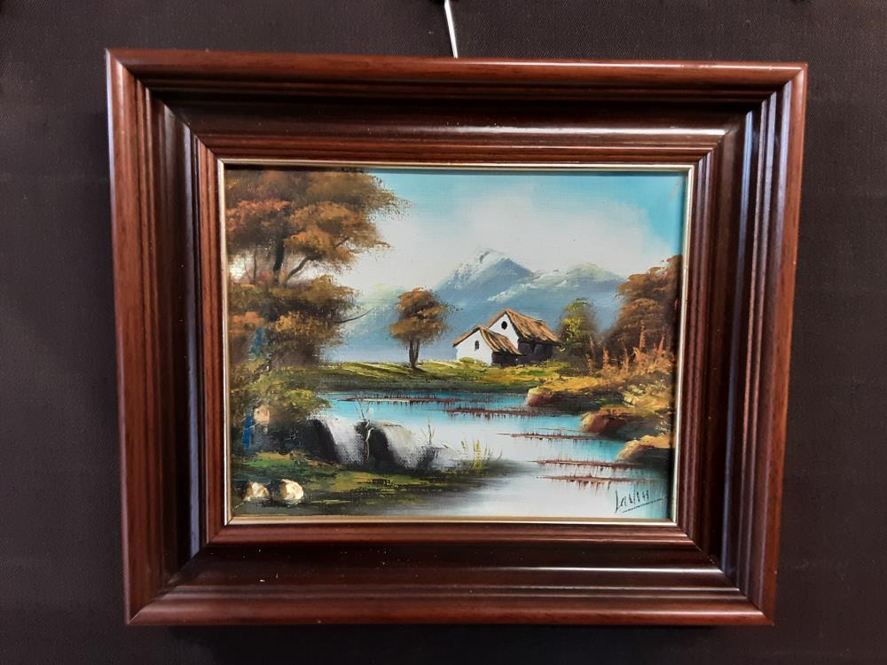 TABLEAU MAISON AU BORD DU LAC CADRE BOIS 32X27