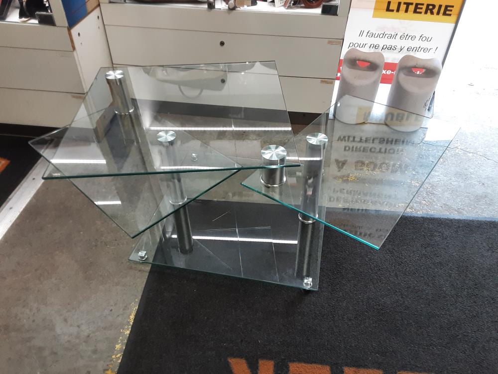 TABLE BASSE CAREE 4 PLATEAUX EXTENSIBLES EN VERRE LONG 115CM OUVERTE