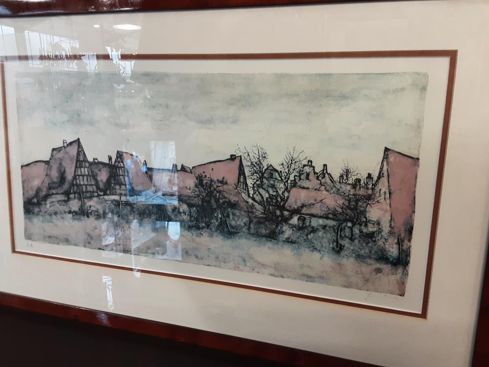 LITHOGRAPHIE SIGNÉE GANTNER - VILLAGE ALSACIEN 70X43CM