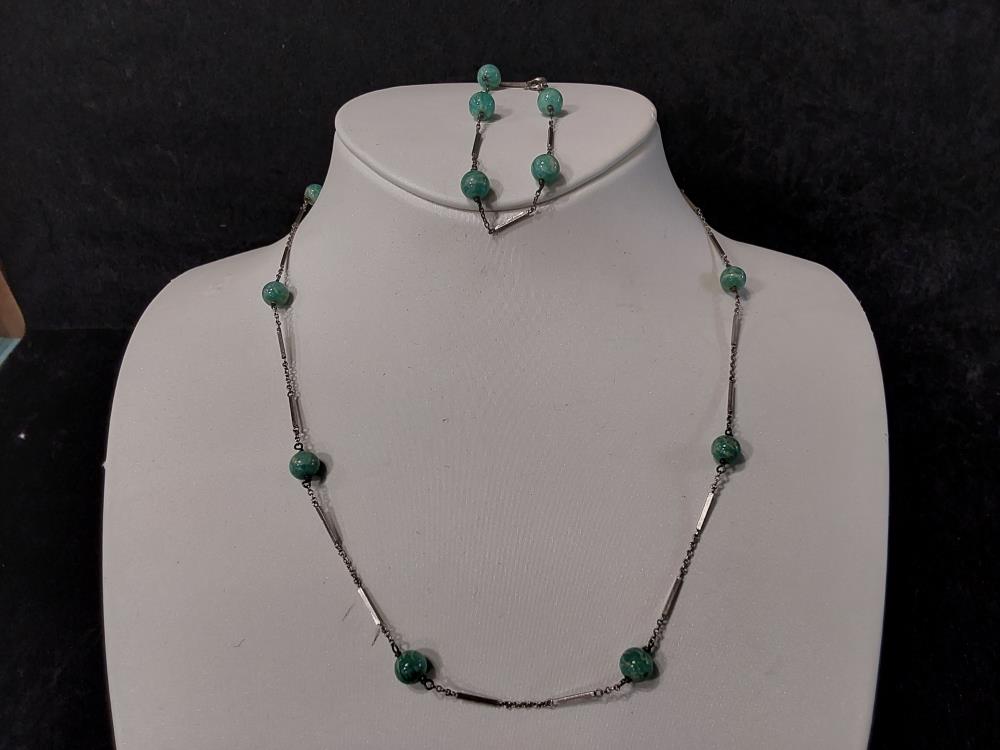 COLLIER + BRACELET EN ARGENT - PERLES COLORIS BLEU-VERT 