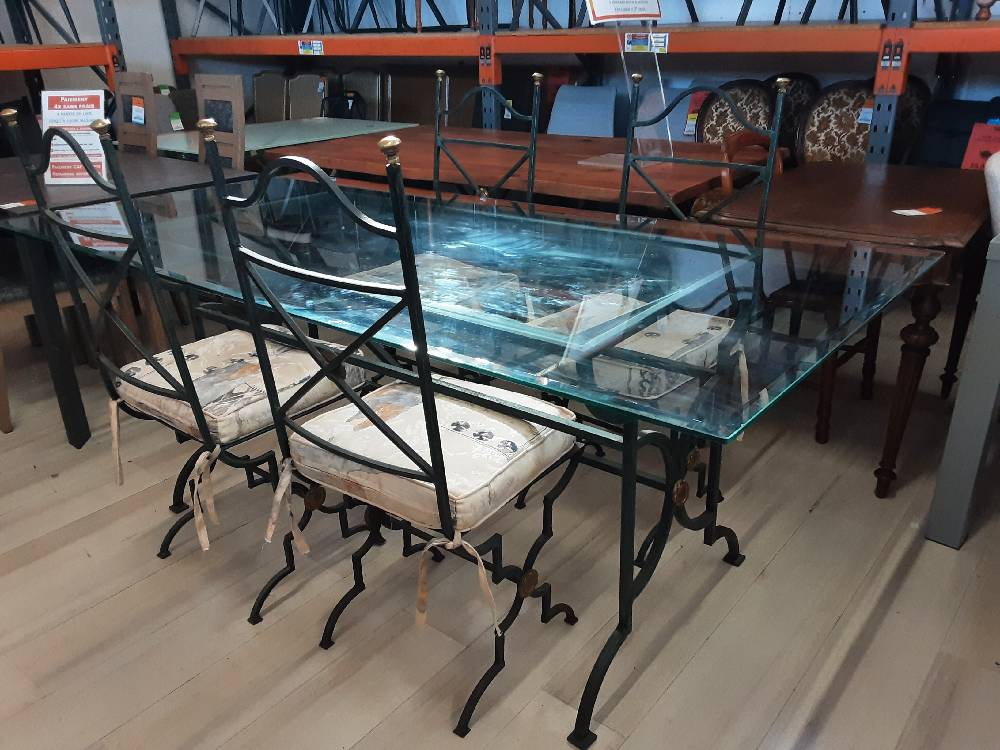 TABLE RECTANGULAIRE FER FORGÉ PLATEAU EN VERRE + 4 CHAISES