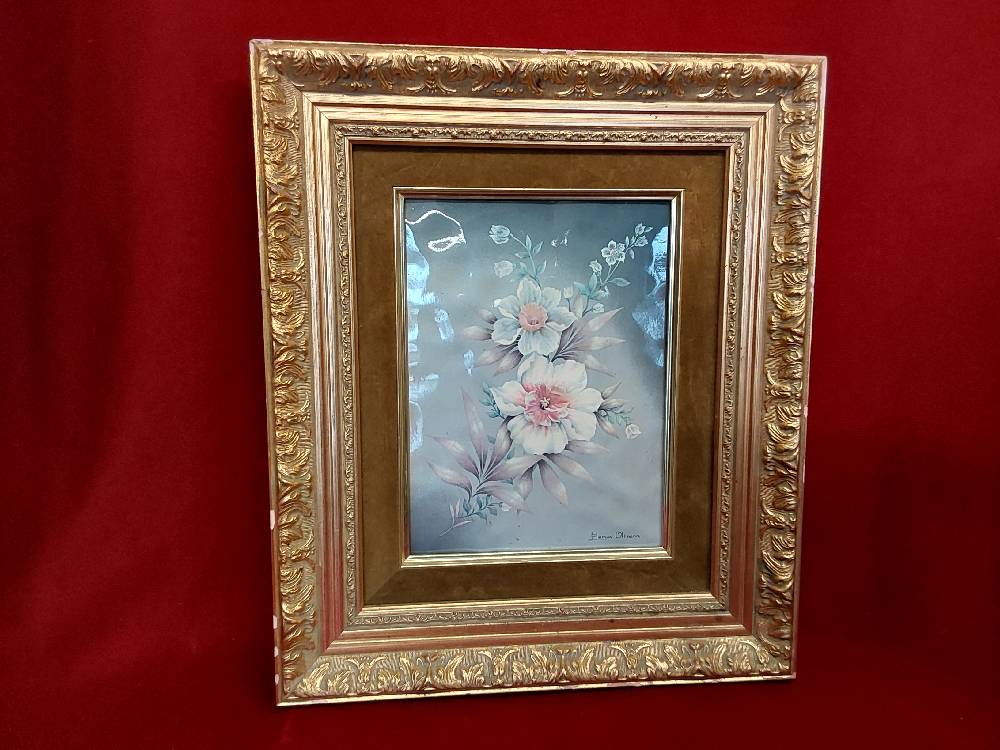 TABLEAU FLEURS SIGNÉ CADRE DORÉ 33X39CM
