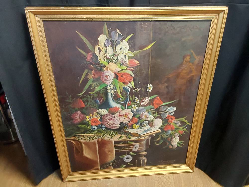 TABLEAU TGM FLEURS SUR CONSOLE SIGNÉ 92X110CM 