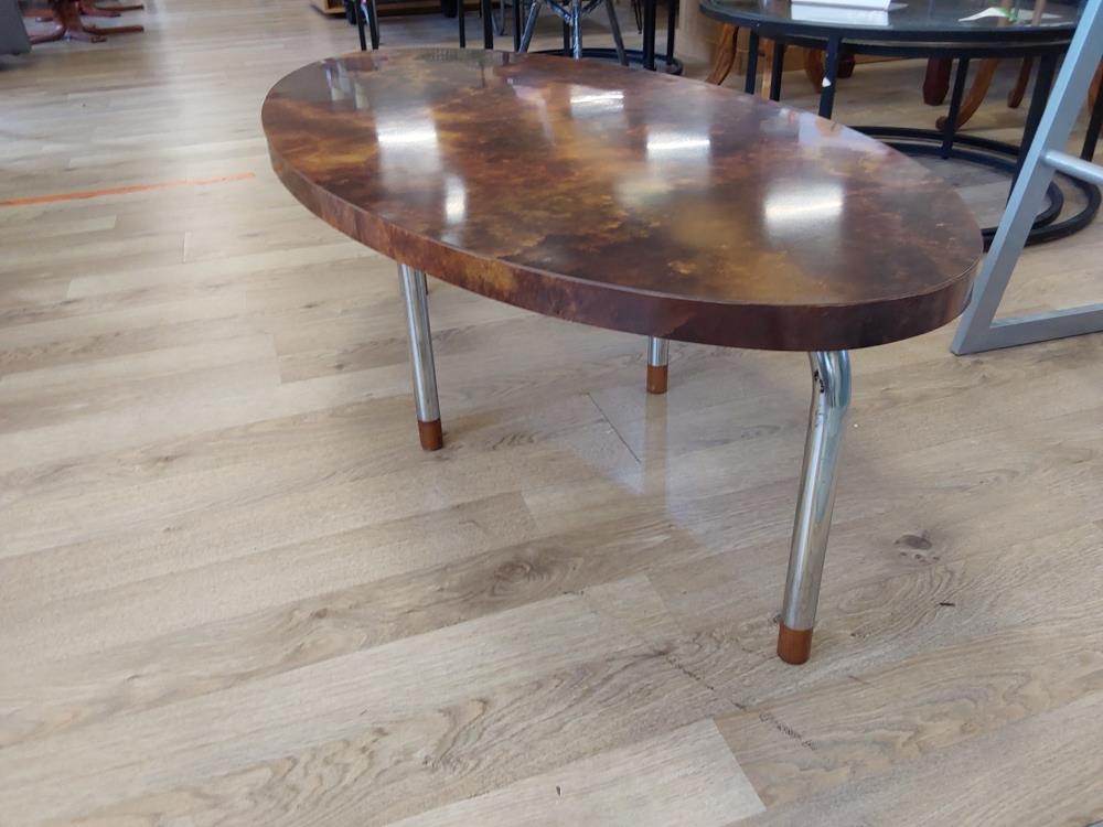 TABLE BASSE OVALE PLATEAU BRUN PIEDS METAL