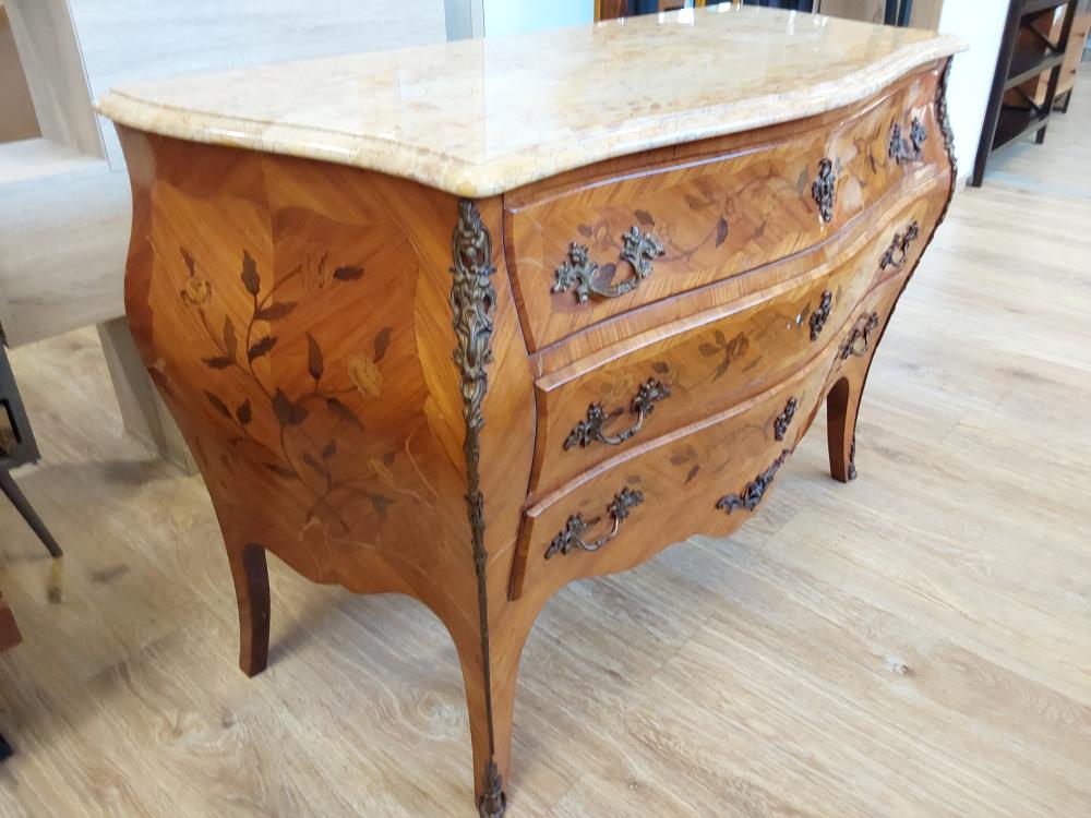 COMMODE 3 TIROIRS LOUIS XVI MARQUETEE PLATEAU MARBRE BEIGE