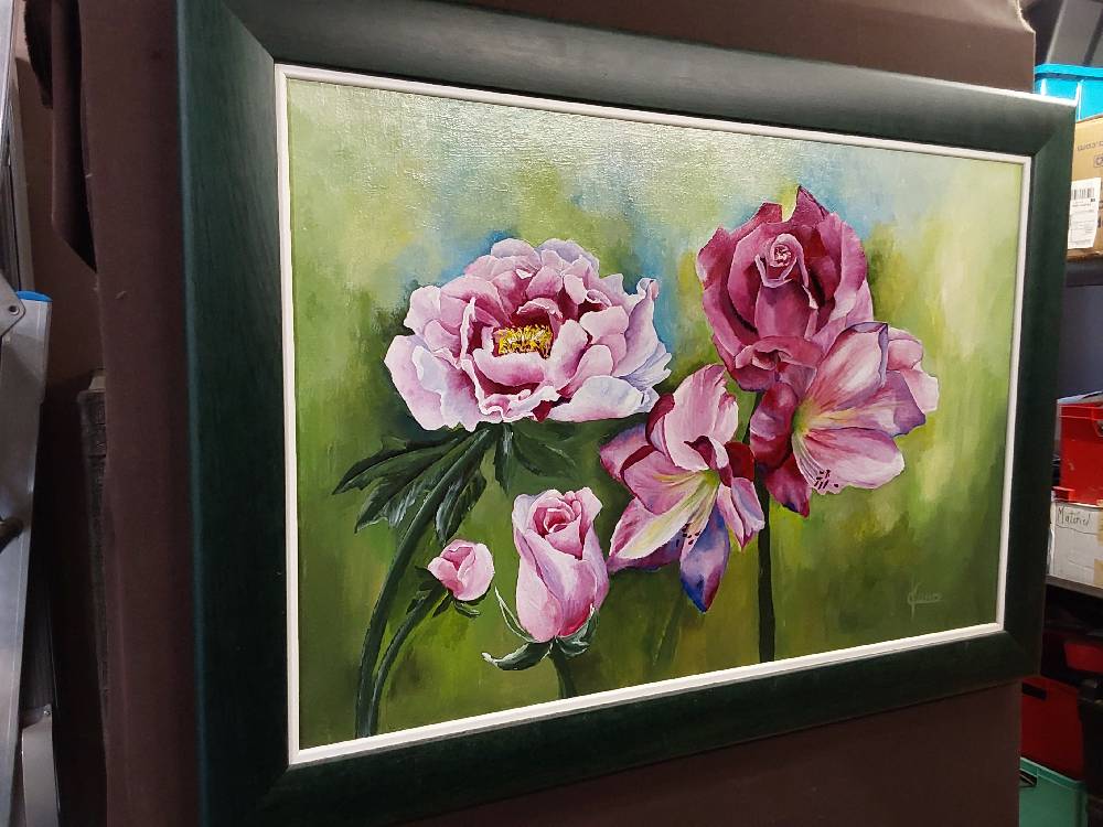 TABLEAU CADRE BOIS VERT MOTIF FLEURS 95X69CM
