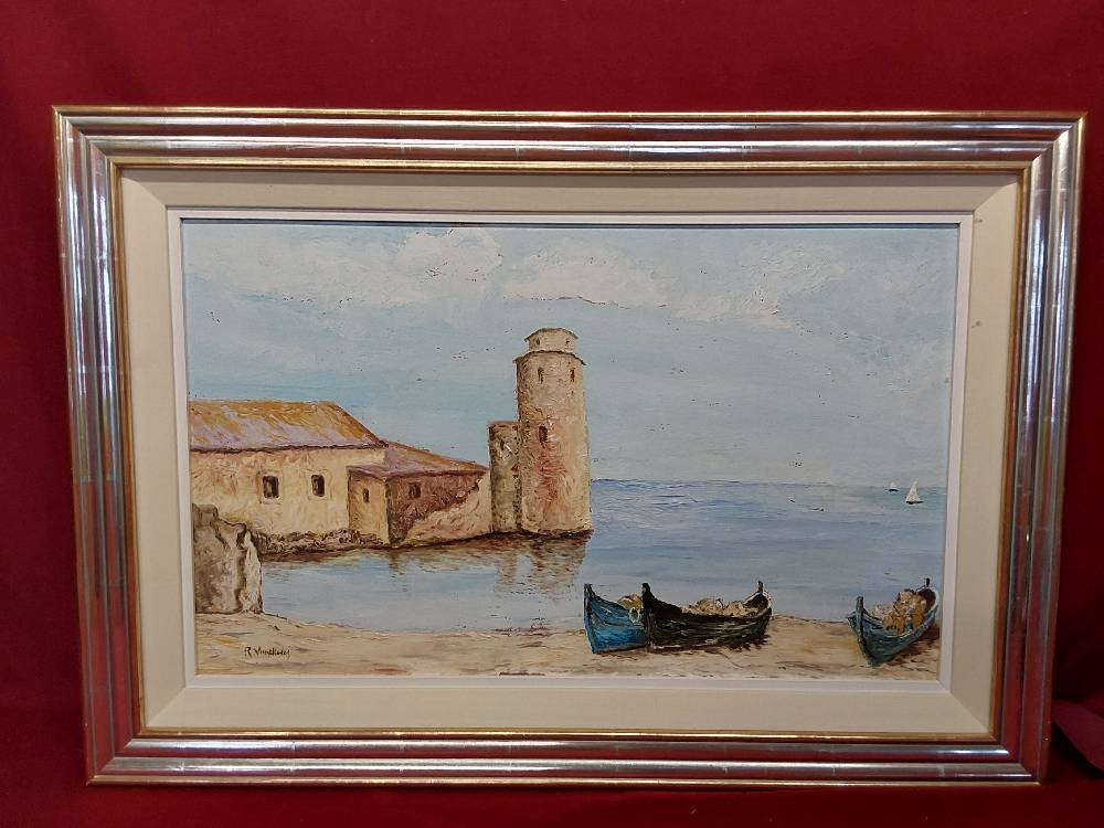 TABLEAU MARINE CADRE BOIS DORÉ 80X56CM