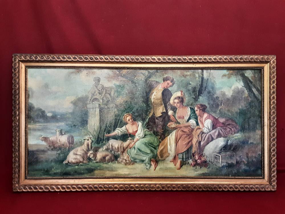TABLEAUX DEMOISELLES MARQUISES CADRE BOIS DORÉ 88X46CM