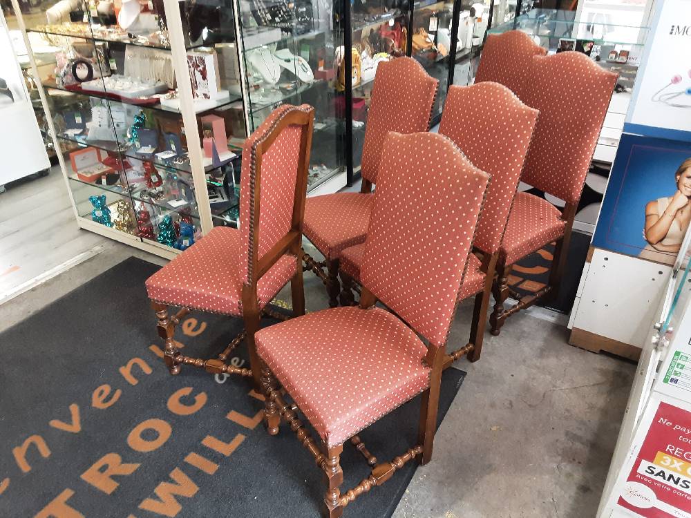 LOT DE 6 CHAISES TISSU ORANGE ET BEIGE - PIEDS TORSADÉS BOIS