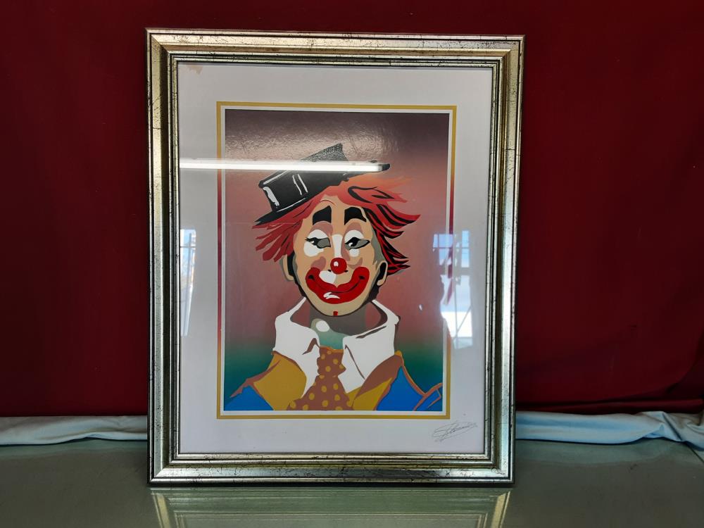 TABLEAU CLOWN SIGNÉ CADRE DORÉ 47 X 58 CM 