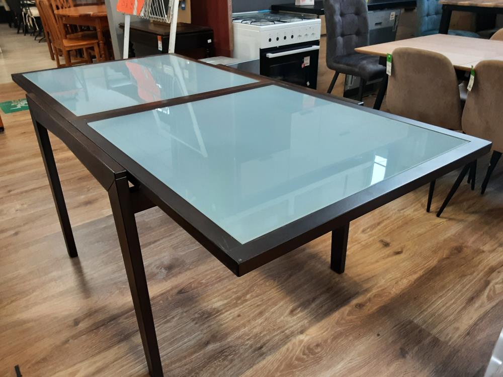 TABLE CARRE 2 ALLONGES COULISSANTES PLATEAU VERRES COLORIS WENGE