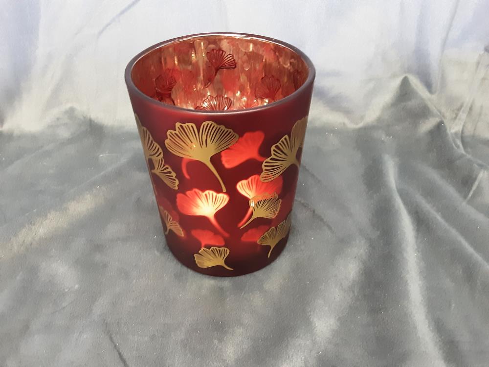 PHOTOPHORE ROUGE FEUILLES DORÉES