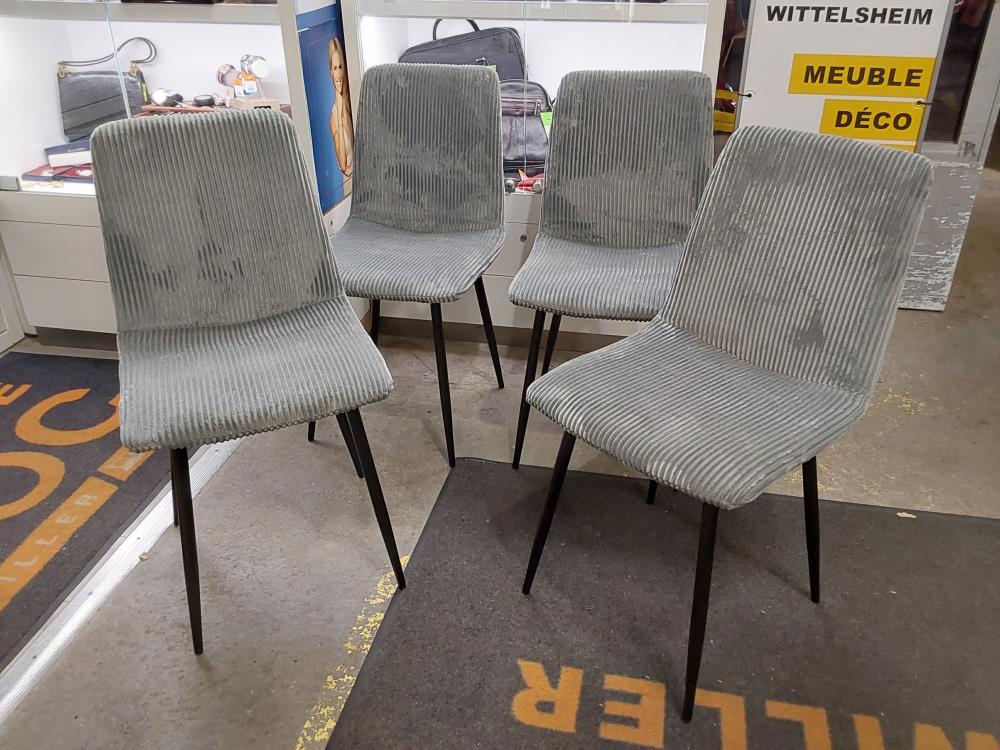LOT 4 CHAISES VELOURS GRIS PIEDS NOIRS