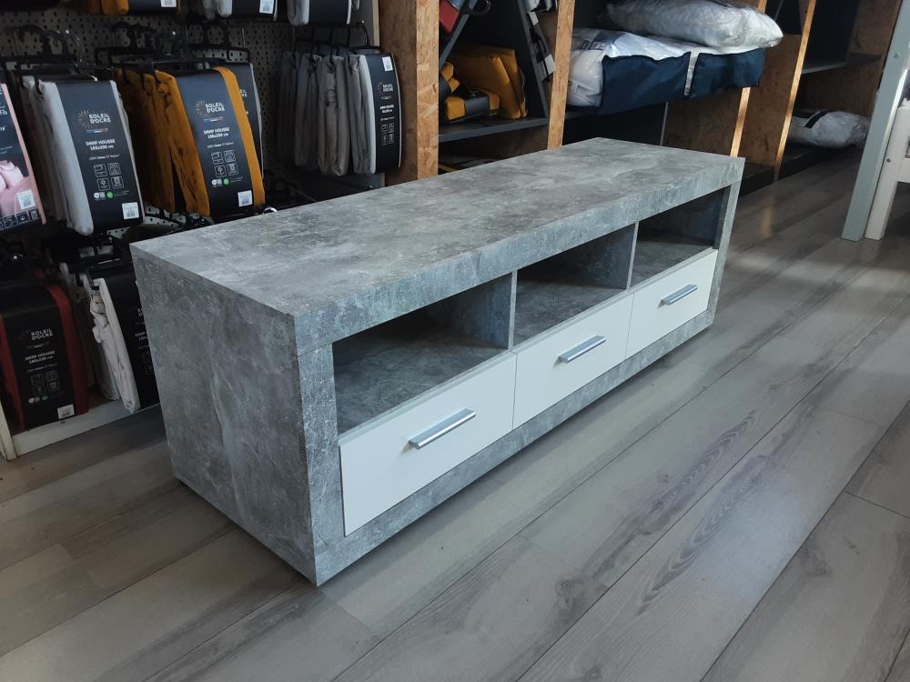 MEUBLE TELE 3 TIROIRS AVEC NICHES  GRIS ET BLANC 