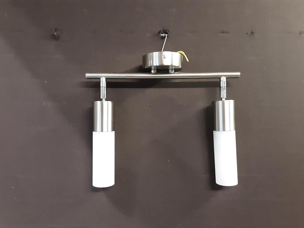 LUSTRE 2 TUBES CHROME OPALINE ET METAL