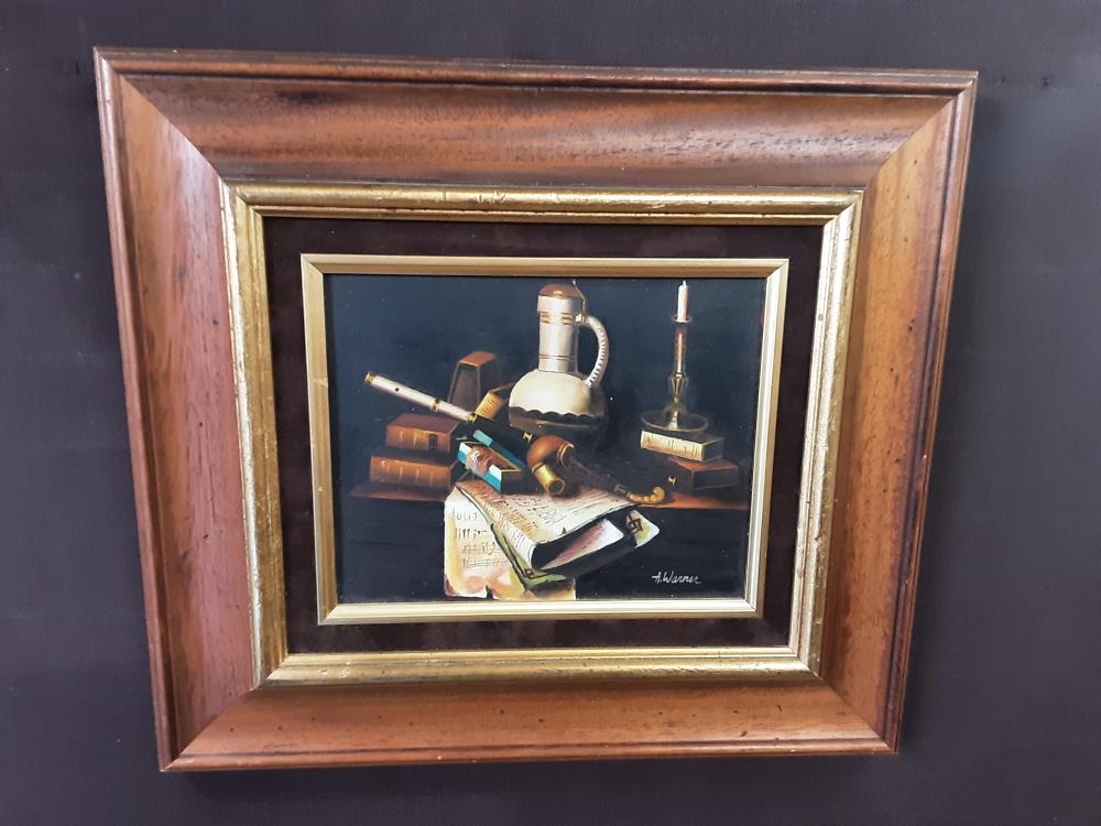 TABLEAU SUR TOILE CADRE BOIS MM MOTIF CRUCHE, BOUGEOIR ET PIPE - SIGNÉ