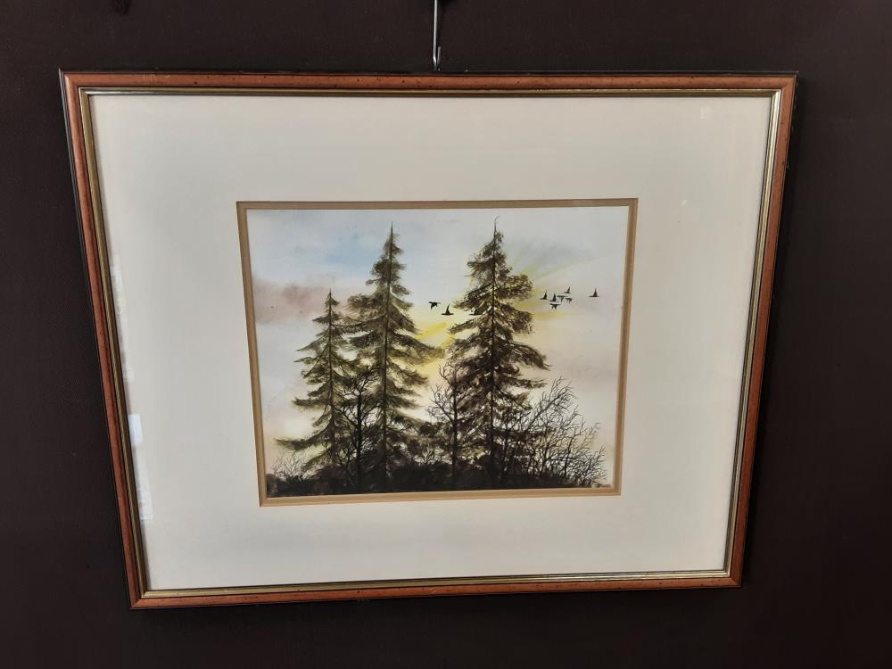 TABLEAU AQUARELLE  CADRE BOIS MM MOTIF ARBRS SAPIN