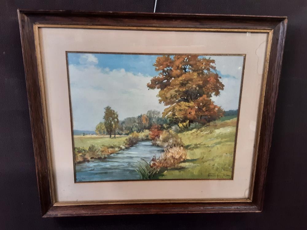TABLEAU AQUARELLE CADRE BOIS MM MOTIF RIVIÈRE - SIGNÉ