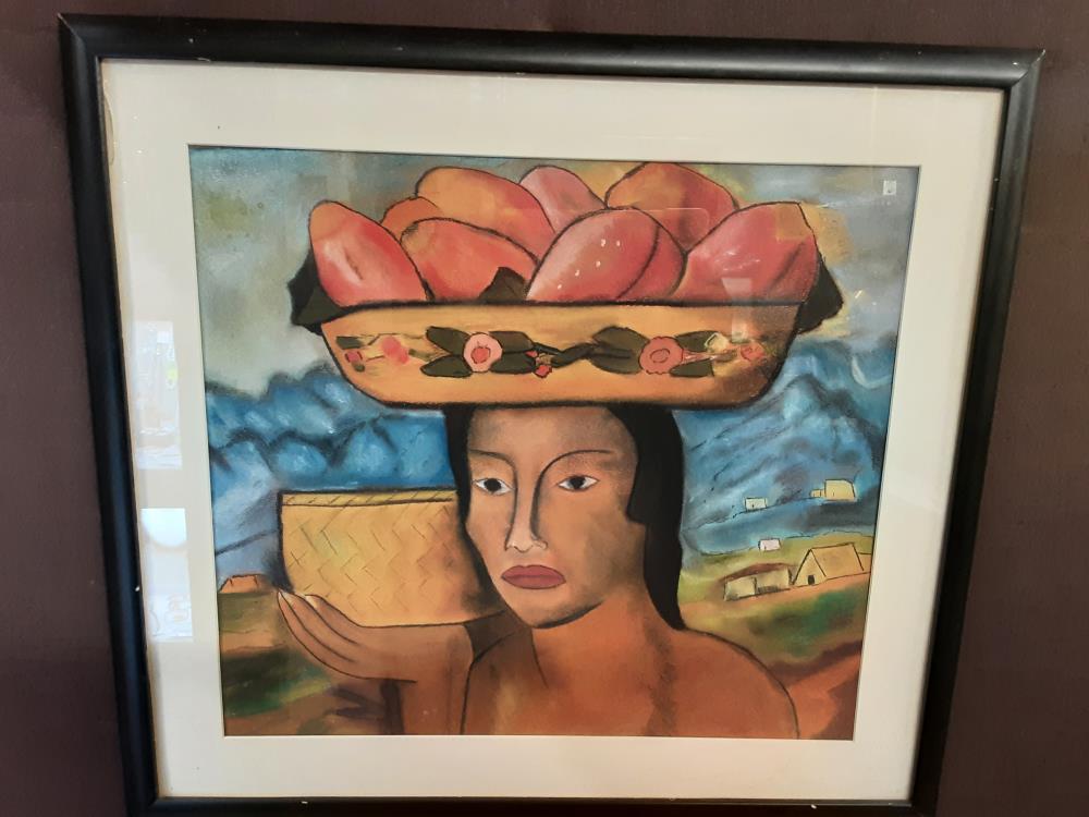 TABLEAU CRAYON GRAS MOTIF DAME PORTEUSE DE FRUITS