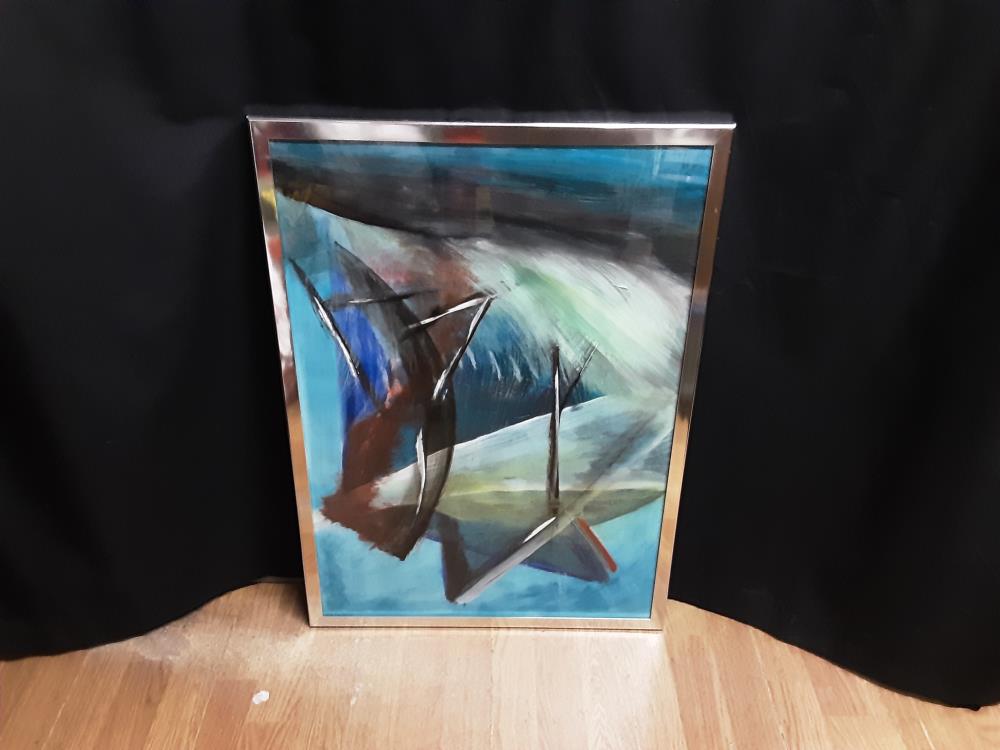 TABLEAU CADRE ARGENTÉ GM MOTIF ABSTRAIT BLEU ET VERT SIGNÉ