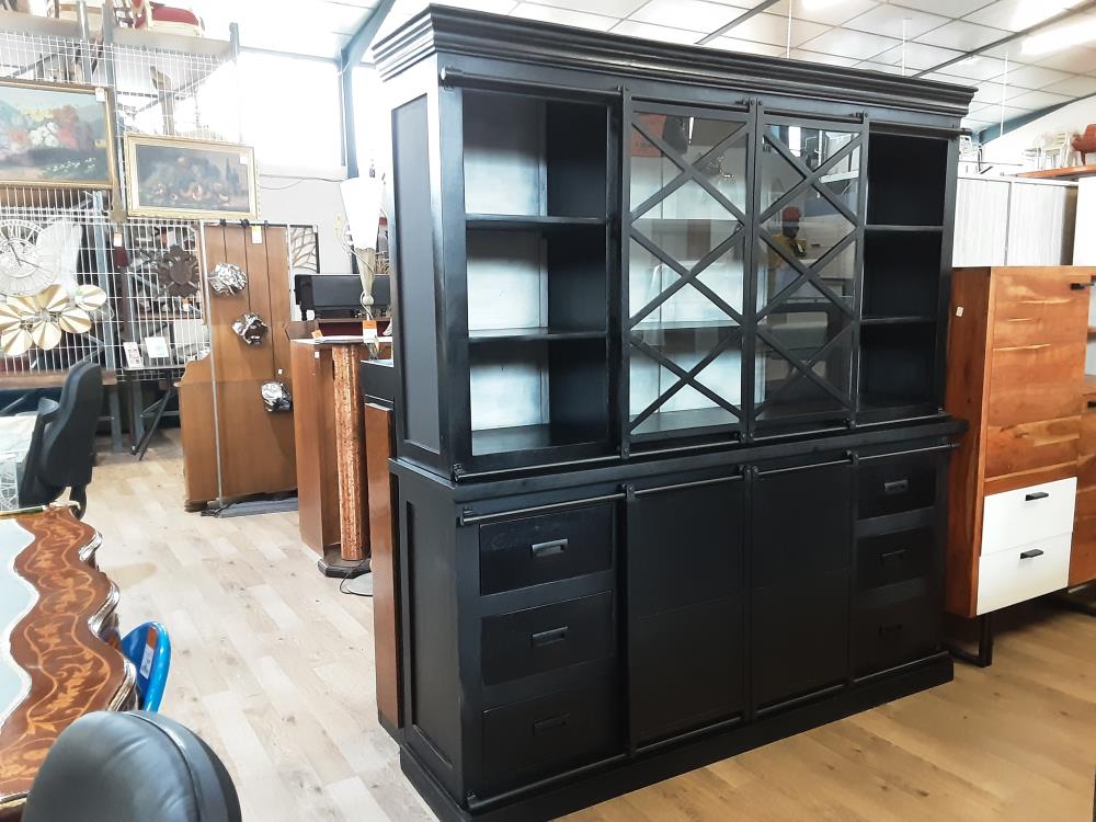 BUFFET 2 CORPS BOIS MANGUIER ET METAL NOIR ET FOND GRIS 6 TIROIRS + 4 PORTES COULISSANTES DONT 2 VIT