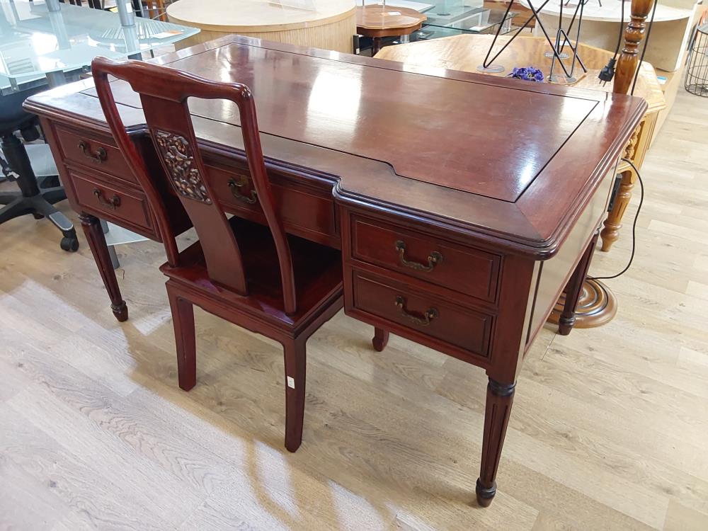 BUREAU BOIS DE ROSE + CHAISE ASIATIQUE - 5 TIROIRS