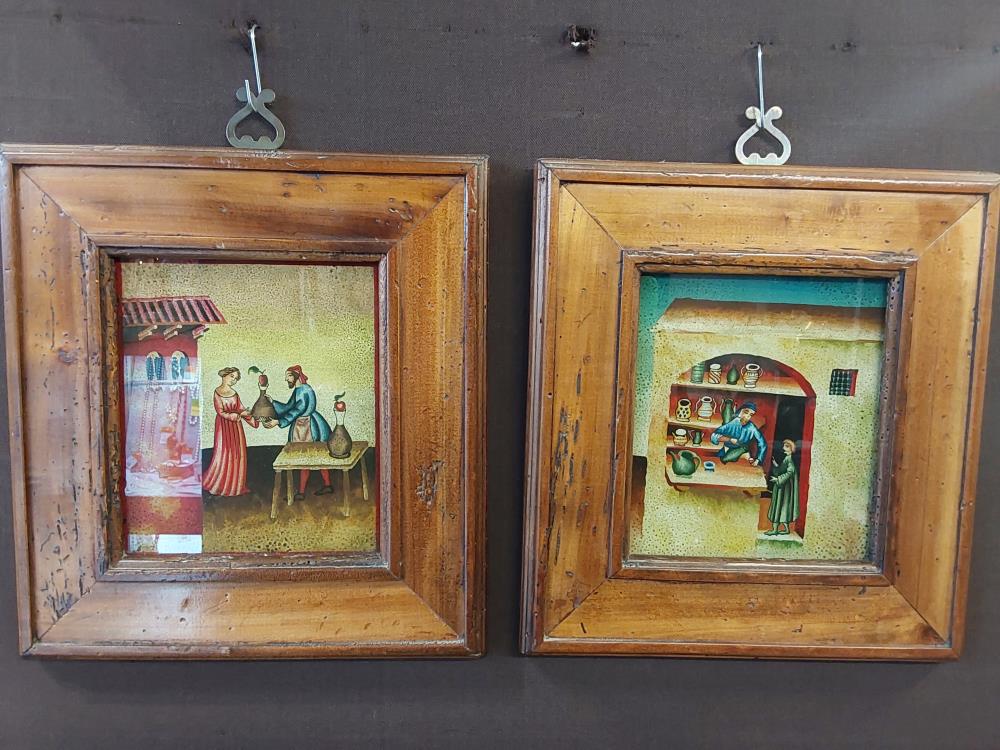 TABLEAU SCENE DE RUE PEINTURE SUR VERRE CADRE BOIS 