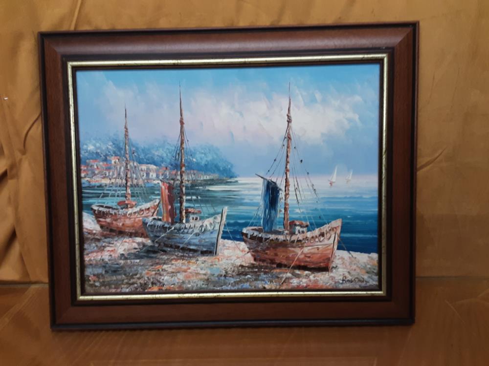 TABLEAU BATEAUX DE PECHE CADRE BOIS ET DORÉ 49X40CM