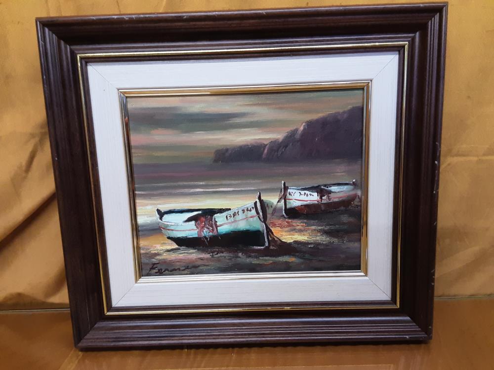 TABLEAU BATEAUX DE PECHE BORD DE MER CADRE BOIS ET DORÉ 42X37CM