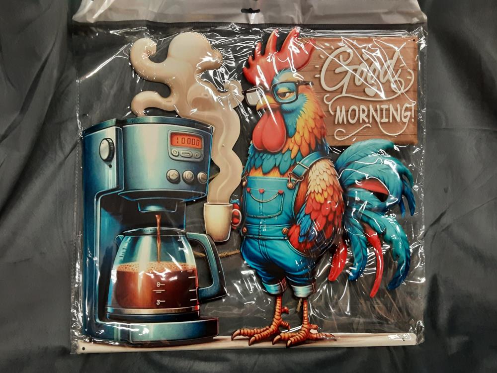 PLAQUE MÉTAL RELIEF COQ MACHINE À CAFÉ (NY-74)