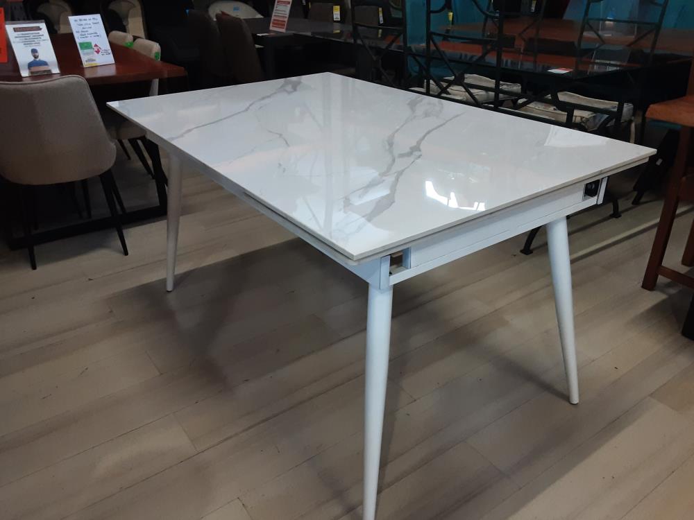 TABLE CERAMIQUE BLANCHE 180CM OUVERTE PIEDS METAL BLANCS 1 ALL. DE 40CM (GDT0144-3) 2EME CHOIX