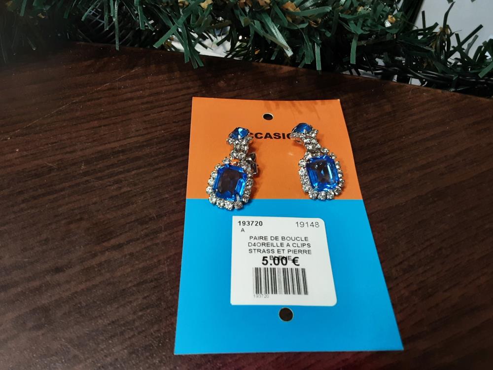 PAIRE DE BOUCLE D4OREILLE A CLIPS STRASS ET PIERRE BLEUE