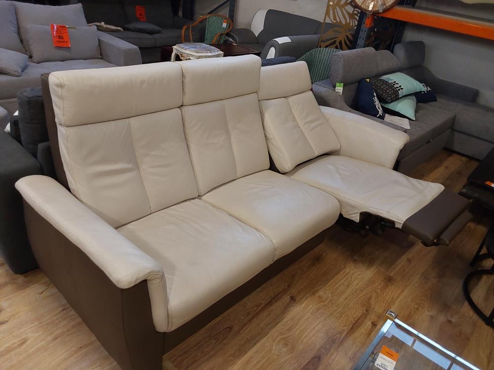 CANAPÉ 3 PLACES DONT 1 RELAX ÉLECTRIQUE CUIR BICOLORE BEIGE TAUPE