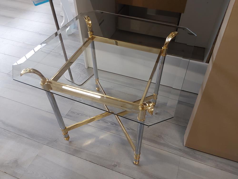 TABLE BASSE PIEDS ARGENTÉS ET DORÉS PLATEAU EN VERRE