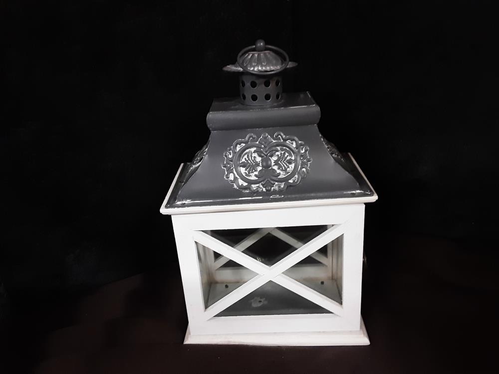 LANTERNE GRIS ET BLANC 34 CM DE HAUT