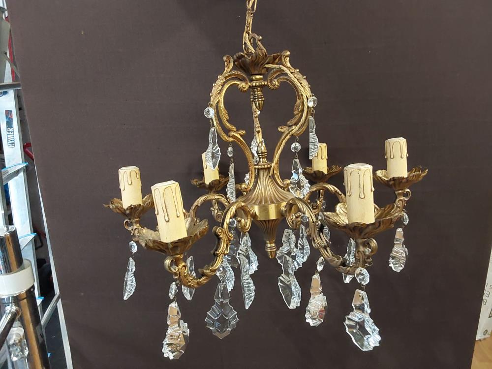 LUSTRE 6 BRANCHES A PAMPILLES EN BRONZE
