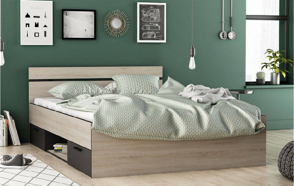 LIT 160X200 2T/1N BICOLORE MICHIGAN CHÊNE BROSSÉ ET NOIR MAT -471730