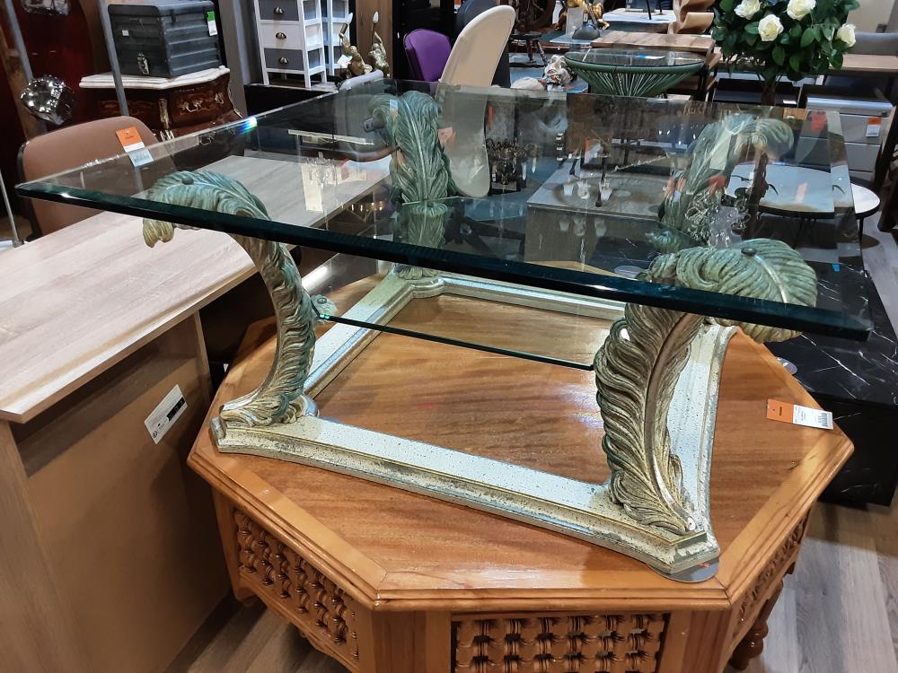 TABLE BASSE CARRÉE PIEDS FEUILLES ET PLATEAUX VERRES