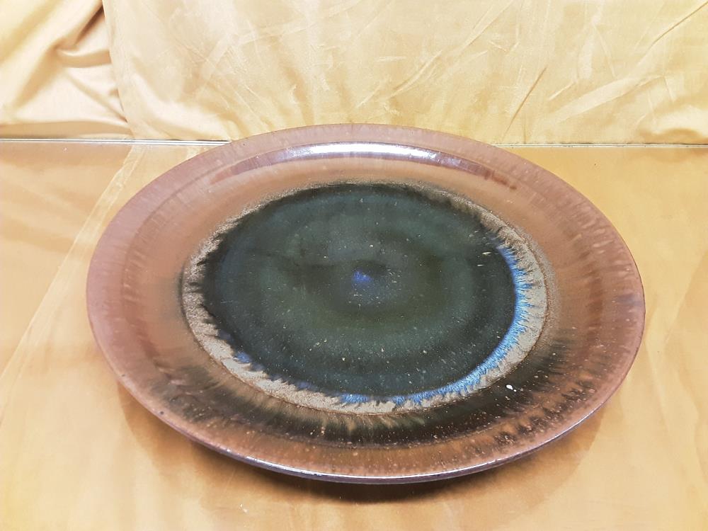 PLAT ROND TERRE CUITE CERAMIQUE BRUN ET BLEU TGM