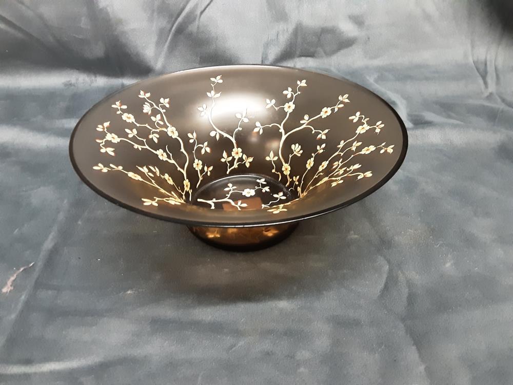 COUPE EN VERRE FUME MOTIF FLEURS JAUNES EN RELIEF
