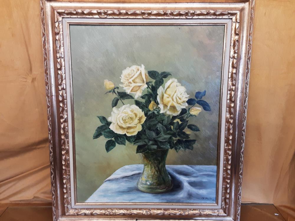 TABLEAU VASE ET ROSES BLANCHES SIGNÉ CH.BLEILE