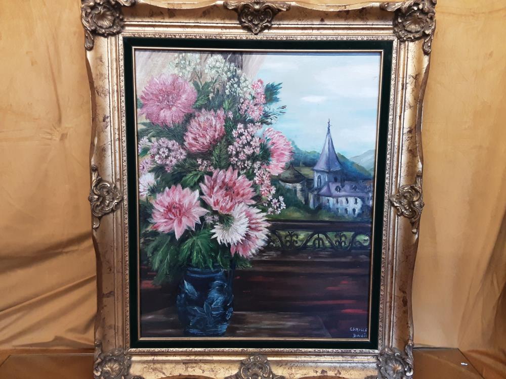 TABLEAU POT DE FLEURS ET VILLAGES CADRE DORÉ SIGNÉ CAMILLE DAVID