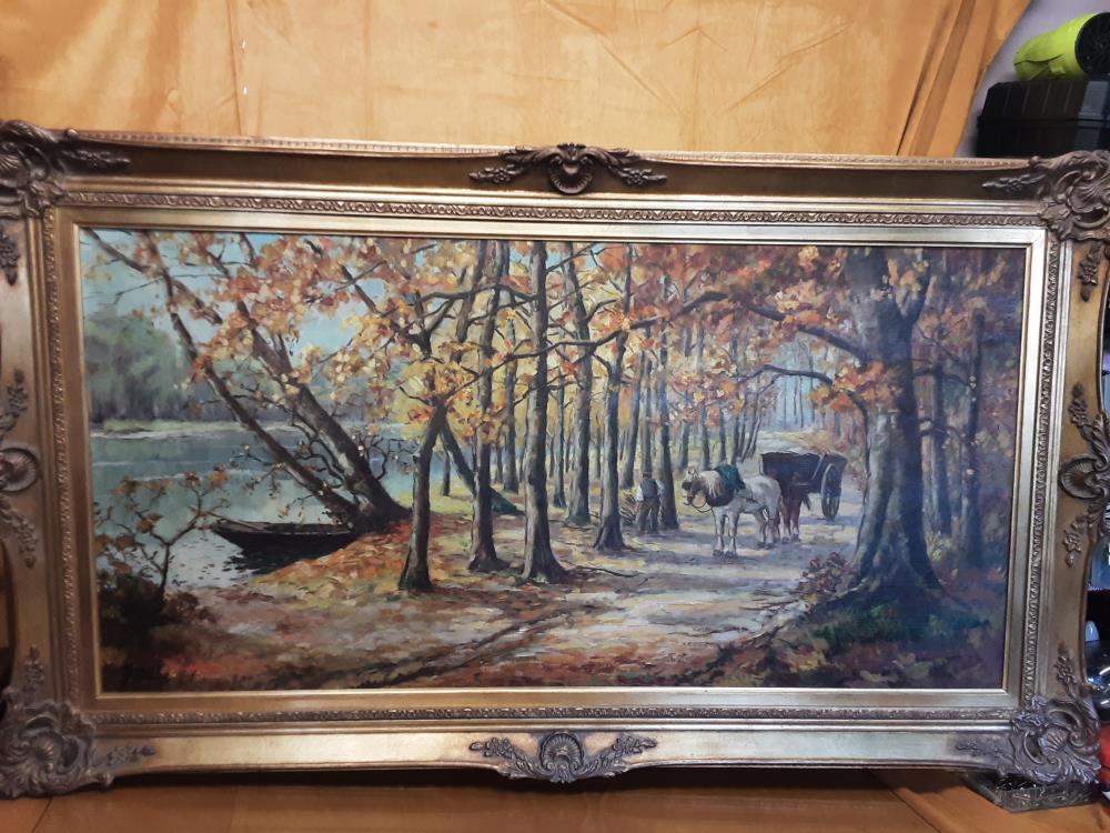 TABLEAU FORET ET LAC PAYSAN AVEC CHEVAUX SIGNÉ J.MAHÉ